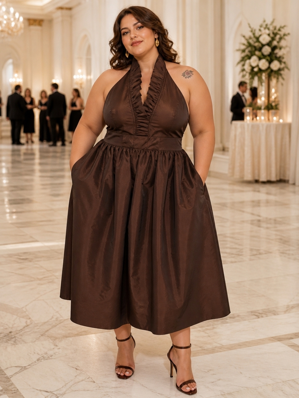 ALFRED SUNG🤎Chocolate Brown Halter Midi Dress with Side Pockets, Lined Sz 22